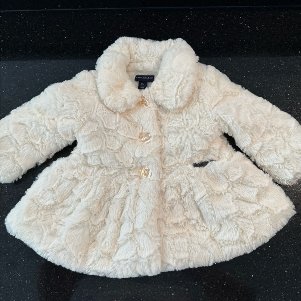 Calvin Klein Baby Girl Peplum Fur Coat 12 M
